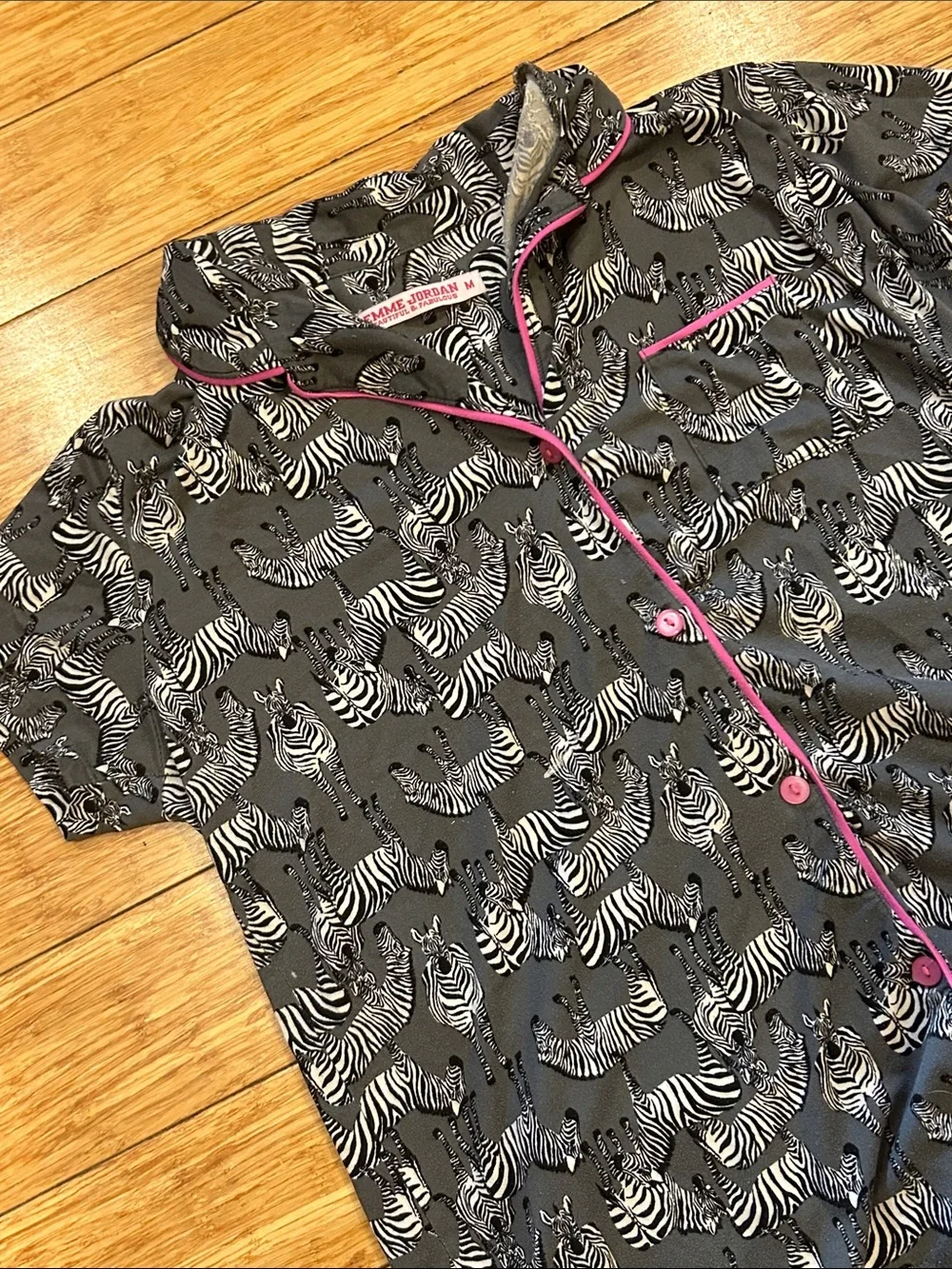 Women's Grey Zebra Print Short Sleeve Pajama Top with Pink Trim